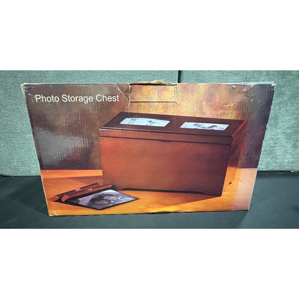 Photo Storage Chest Walnut Finish Dual Openings Decorative Organizer Holds 100 - Picture 2 of 14